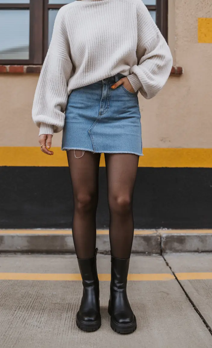 outfits ideas november 2025 Cozy Denim Skirt with Chunky Boots