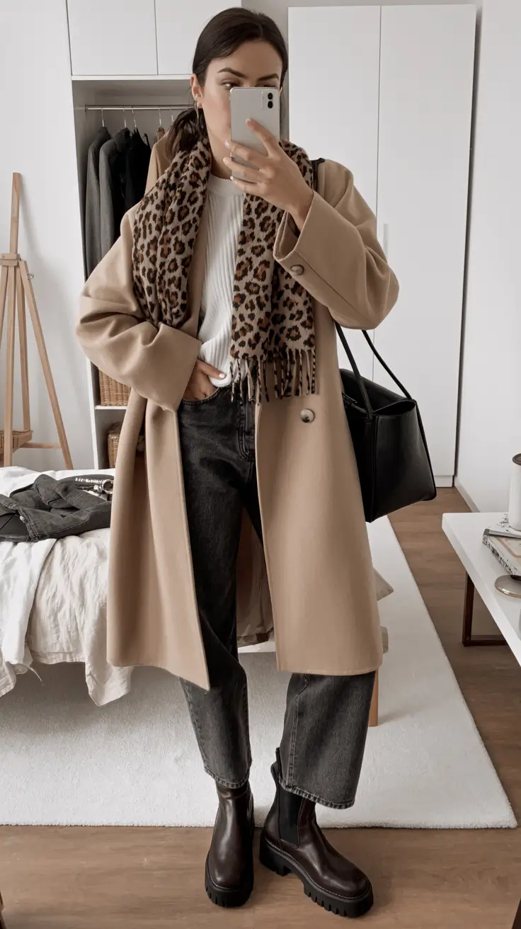 outfits ideas november 2025 Leopard Scarf with Neutral Layers