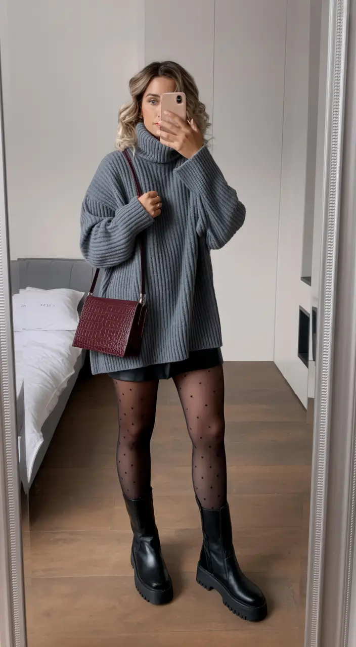 outfits ideas november 2025 Oversized Knit with Statement Tights