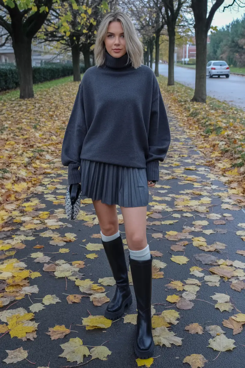 outfits ideas november 2025 Pleated Skirt with Oversized Knit