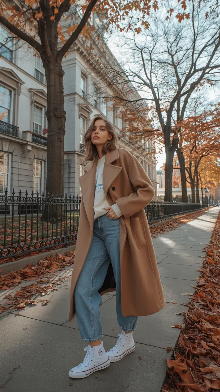 outfits ideas november 2025 Classic Camel Coat with Sneakers