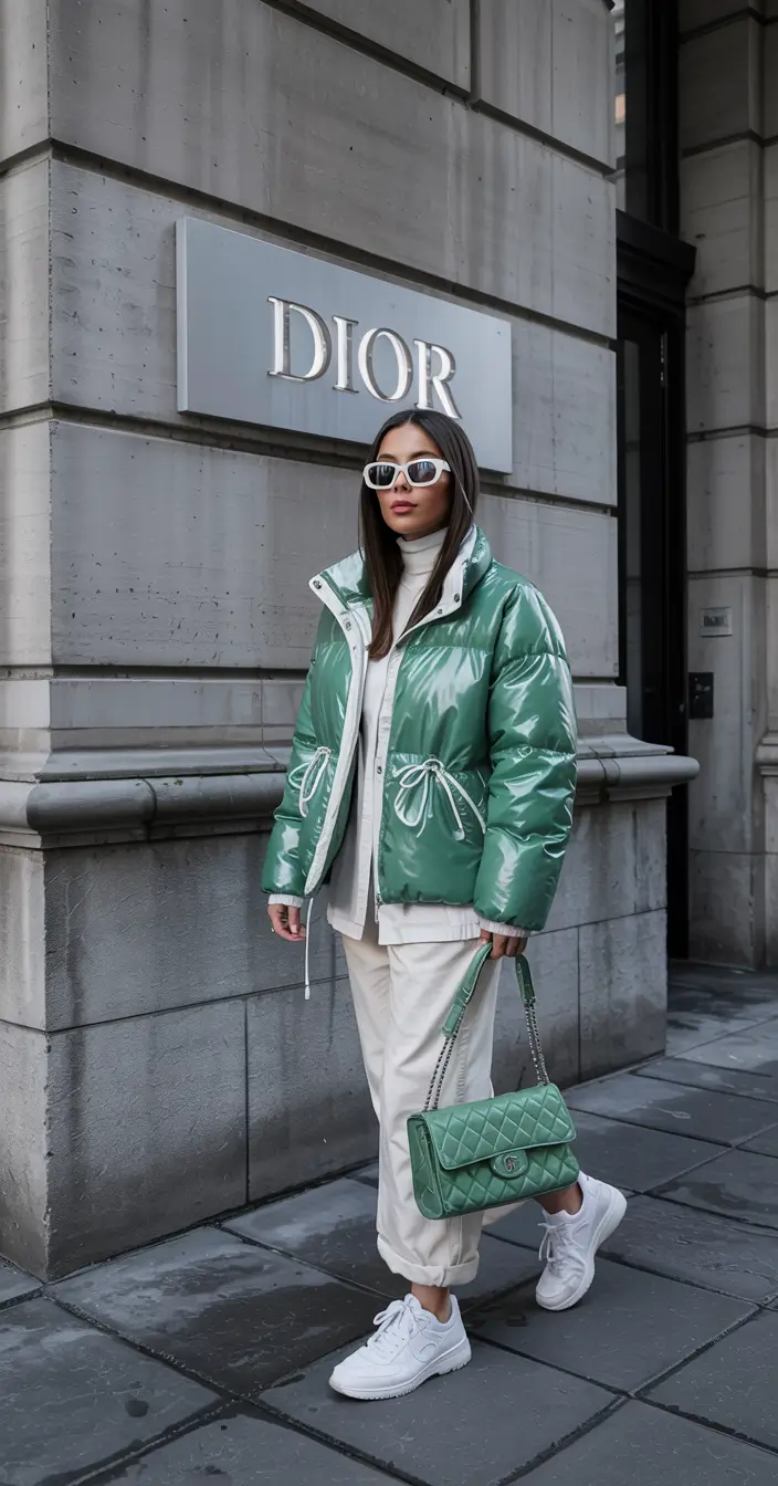 comfy winter outfits Green Puffer Luxe Vibes