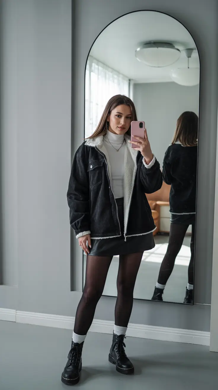 comfy winter outfits Edgy Skirt-and-Tights Winter Style