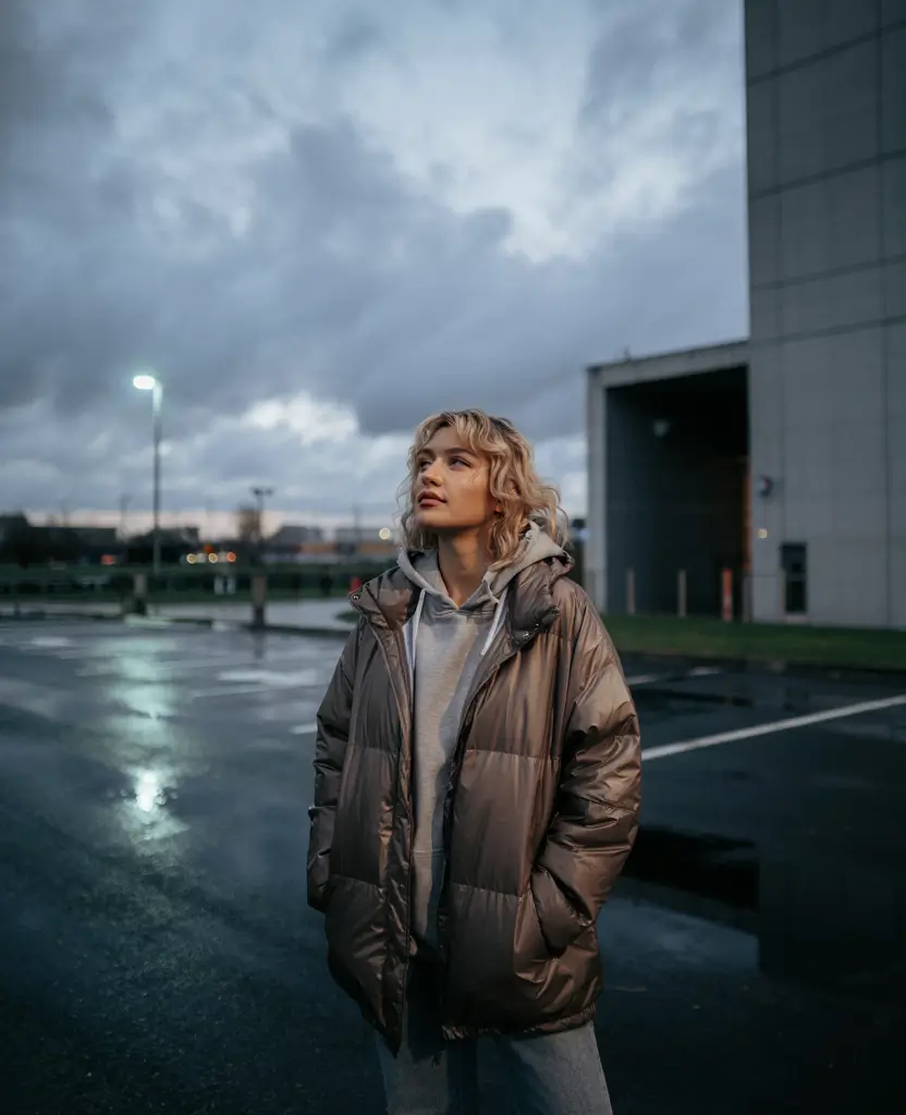 comfy winter outfits Oversized Puffer and Denim Chill