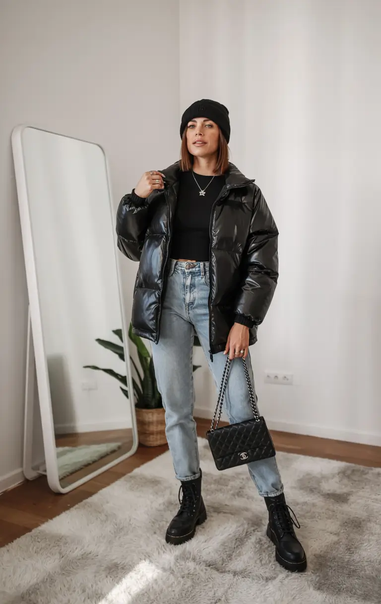 comfy winter outfits Classic Black and Denim Contrast