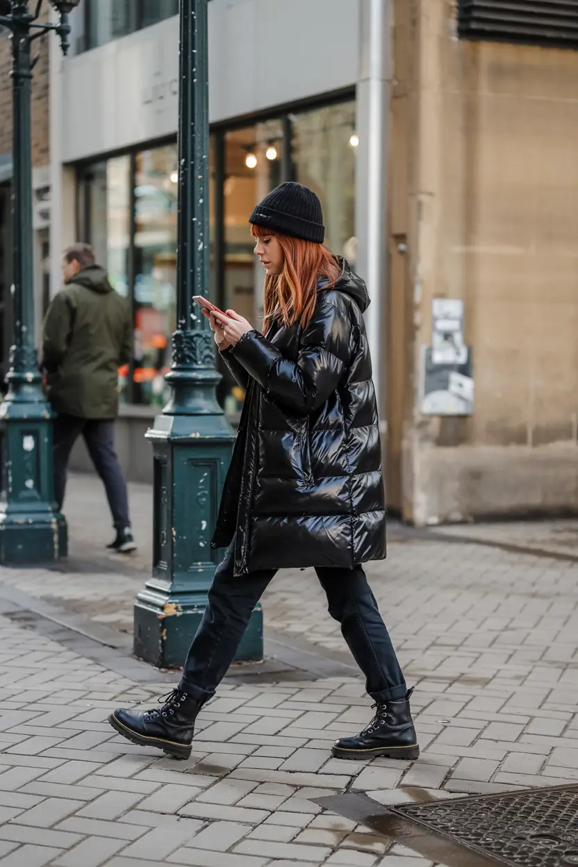 comfy winter outfits 2025 Shiny Black Puffer Power