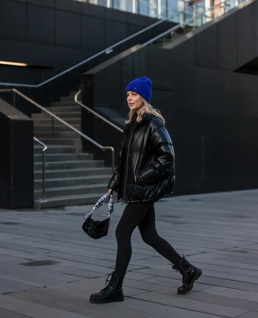 comfy winter outfits 2025 All-Black with a Pop of Color