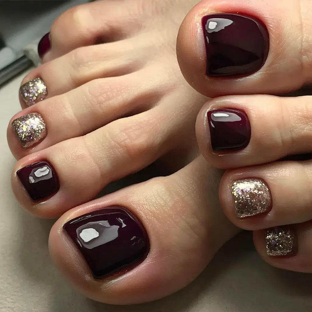 fall toe nail colors Burgundy with Golden Glitter