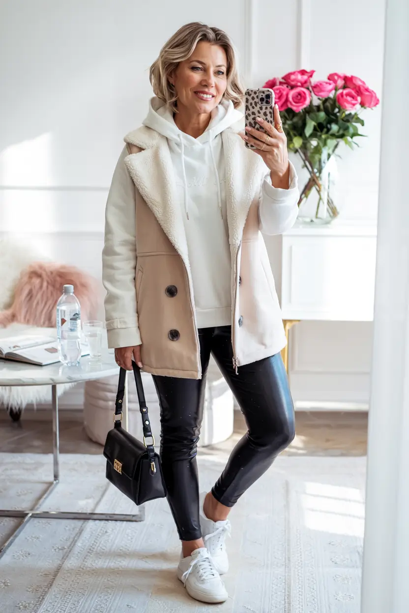 winter outfits over 40 Sporty Chic with Faux Leather Leggings