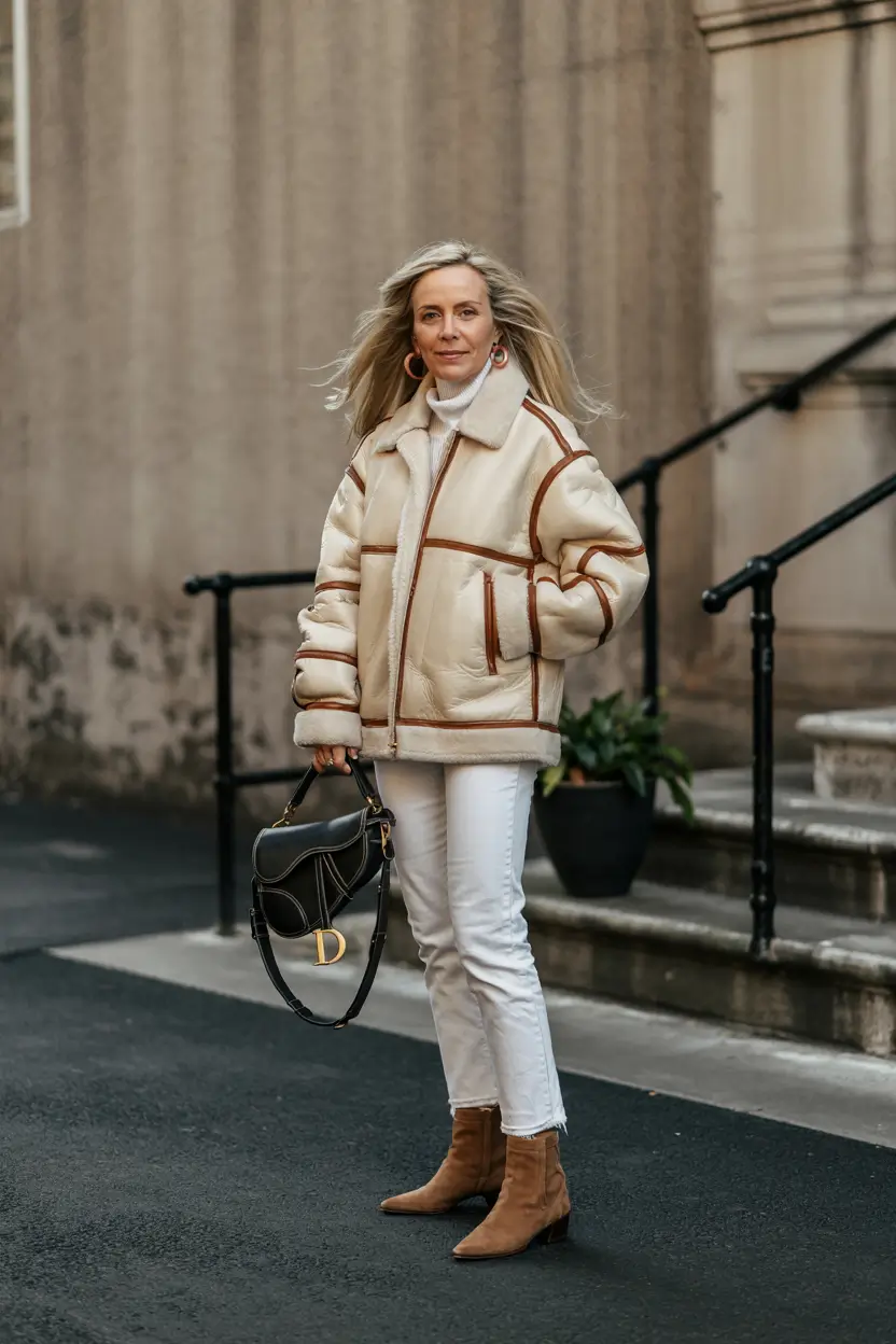 winter outfits over 40 Shearling Jacket with Sleek Boots