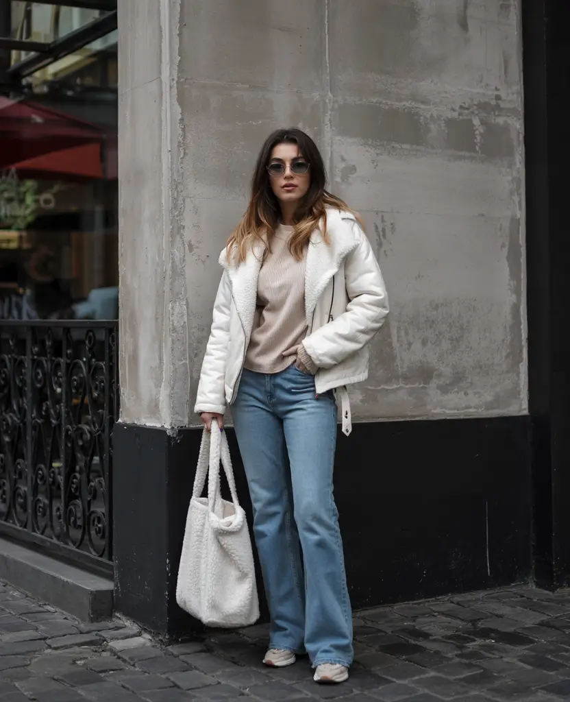 nyc winter outfits cold weather Winter White Meets Effortless Denim