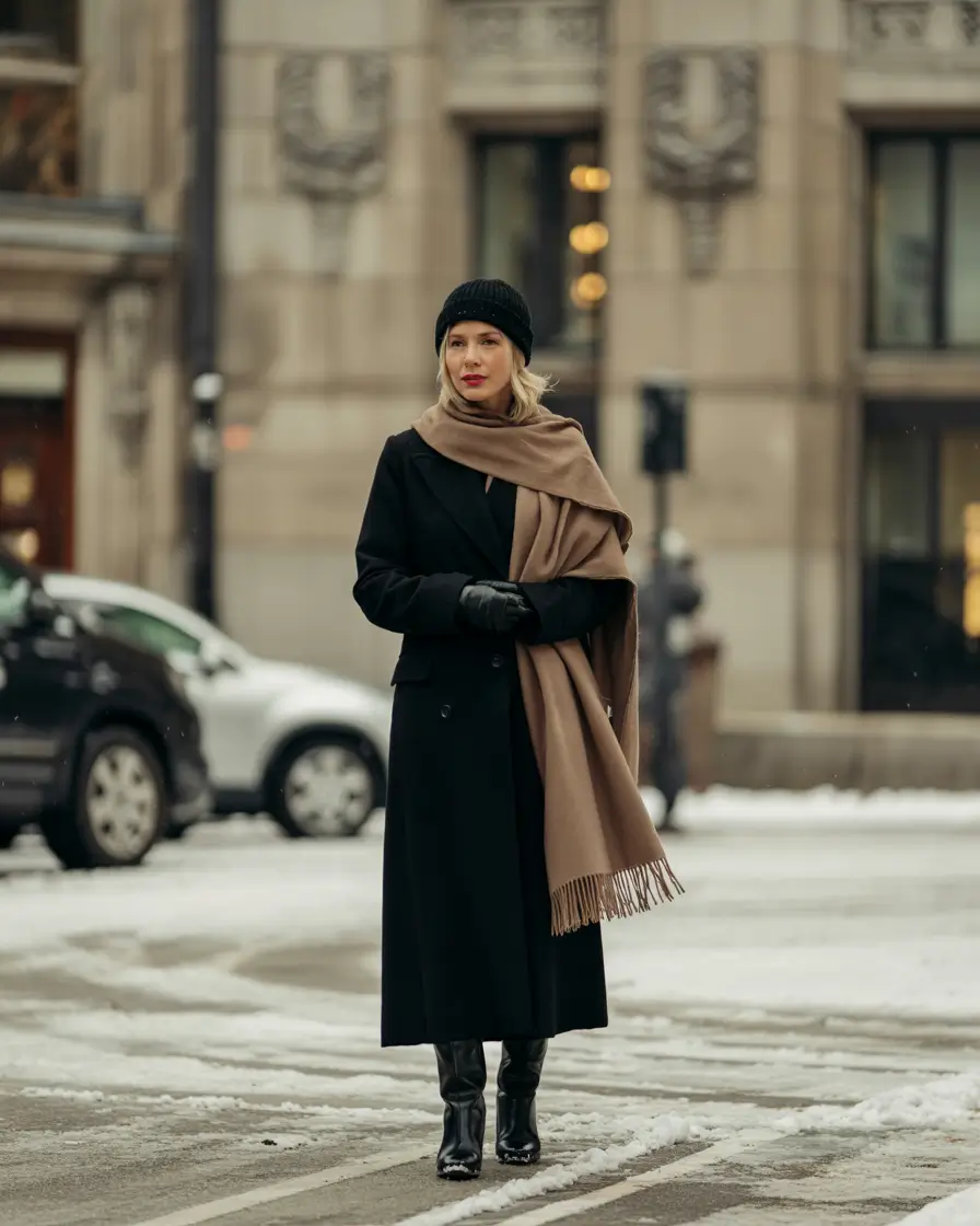 nyc winter outfits street style chic Black Elegance with Neutral Scarf