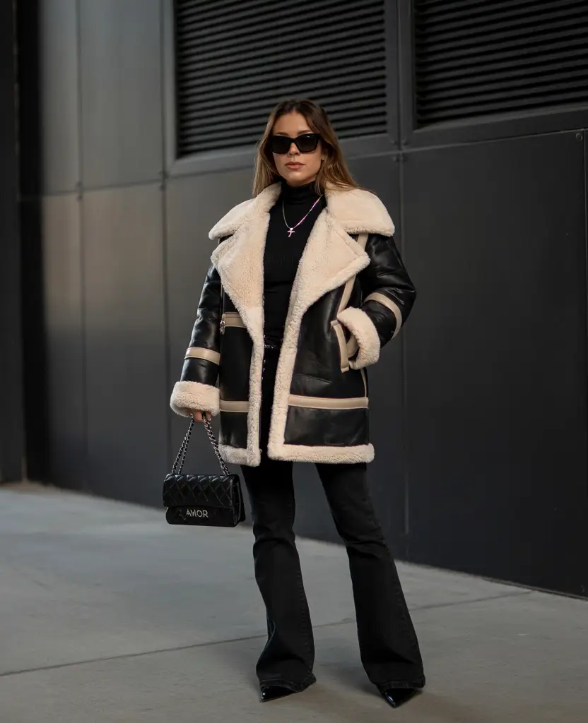 nyc winter outfits street style chic Shearling Sophistication in Black and Cream