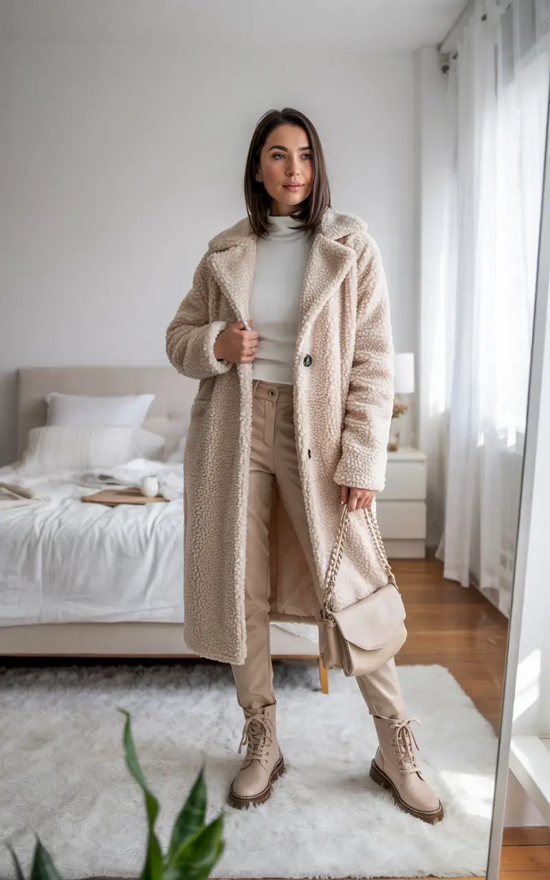 nyc winter outfits casual Neutrals in Cozy Teddy Texture