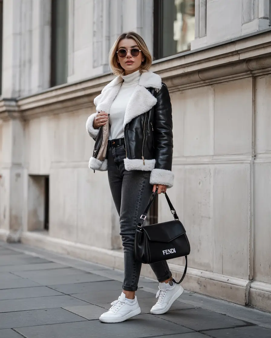 nyc winter outfits street style casual Monochrome Contrast with Shearling Accents