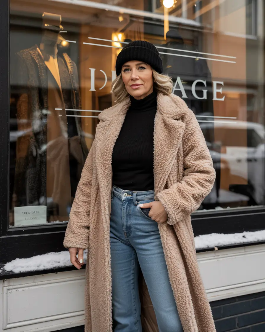 winter outfits over 50 older women Urban Cozy with Denim and a Beanie