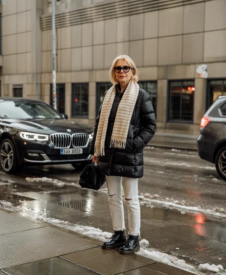 winter outfits over 50 older women Effortless Street Chic in Black and White