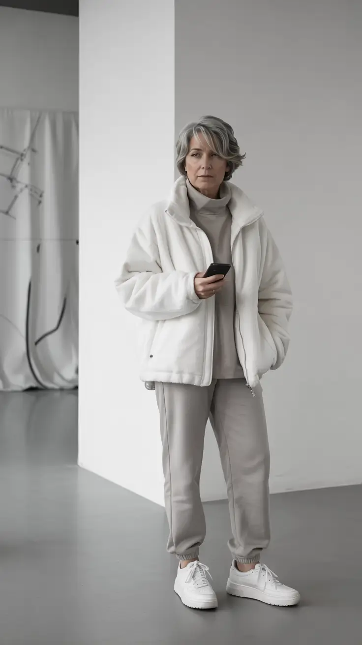 winter outfits over 50 older women Minimalist Layers in Icy Grey