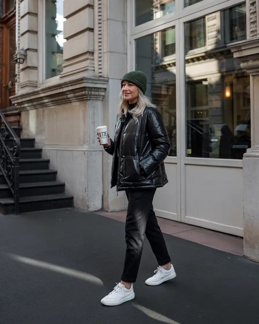 winter outfits over 50 older women Urban Cool with a Pop of Green