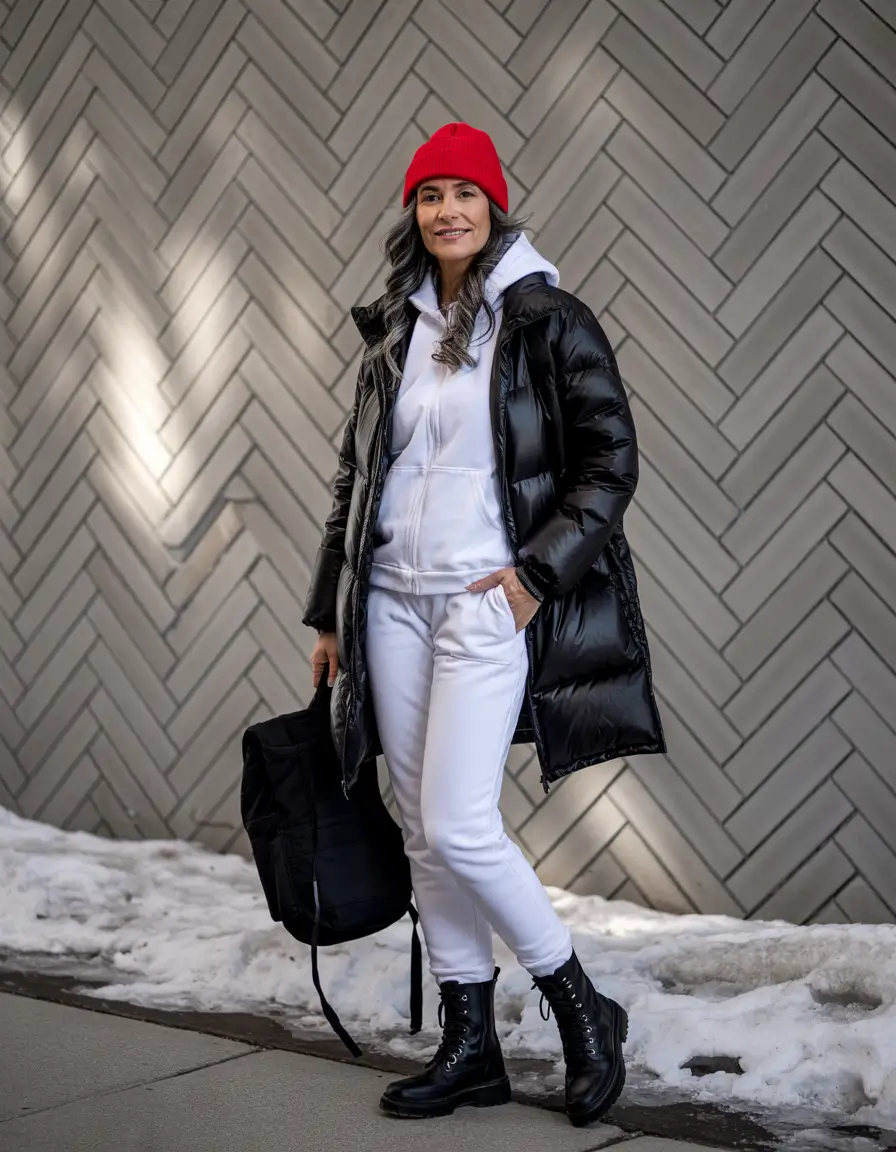winter outfits over 50 older women Sporty Edge with a Bold Pop