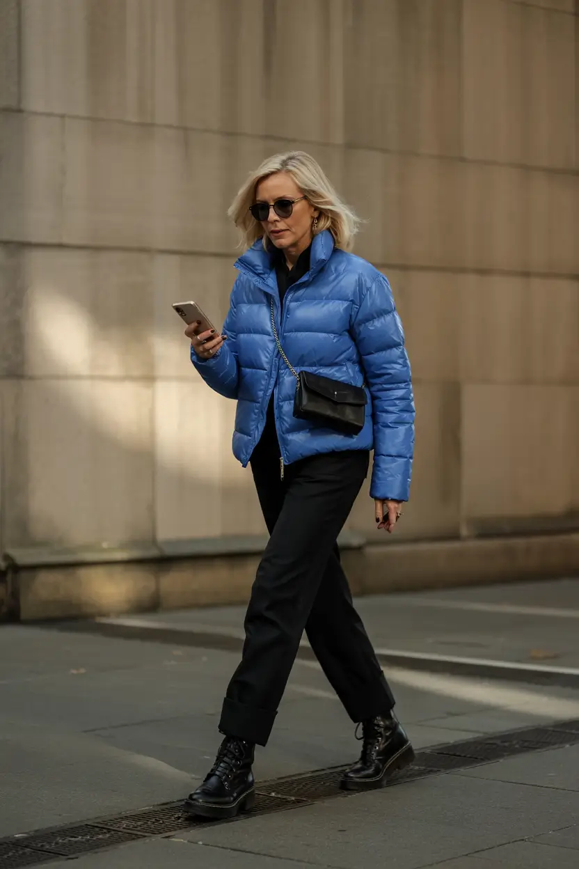 winter outfits over 50 older women Pop of Color with a Puffer