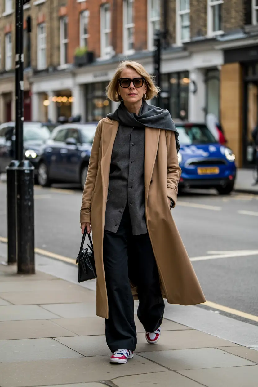 winter outfits over 50 older women Camel Coat with Streetwear Flair