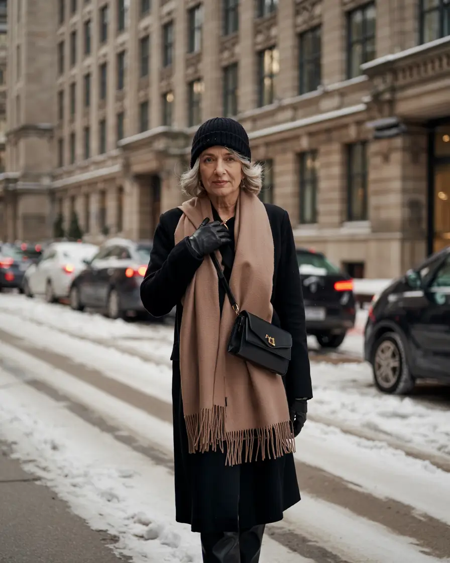 winter outfits over 50 older women City Sleek in Monochrome