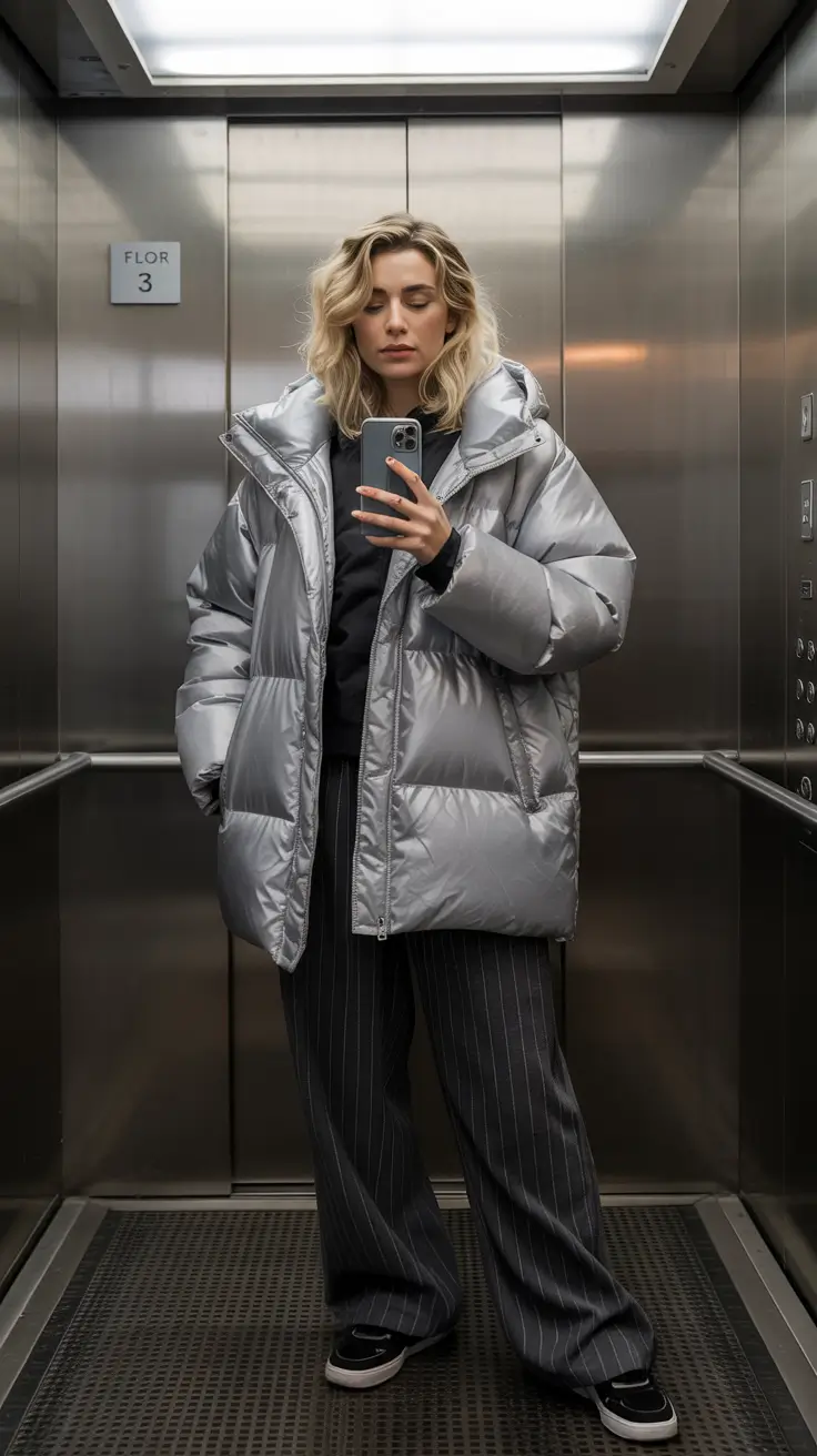 trendy winter outfits 2025 Silver Drama with Pinstripes
