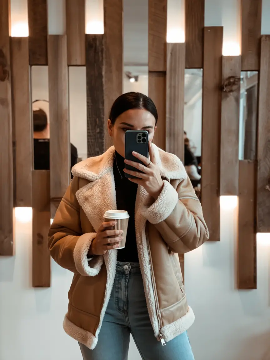 winter fashion inspo Coffee Date Chic in Camel Shearling