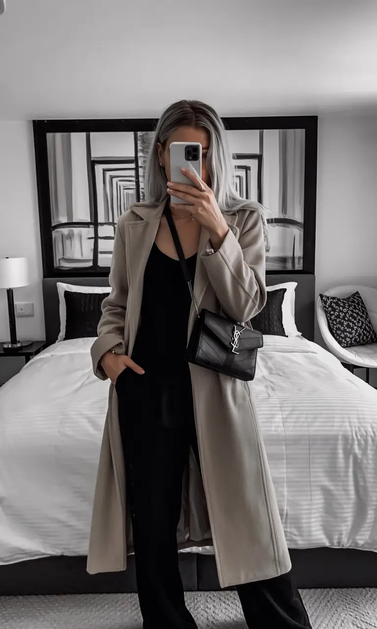 winter fashion inspo Neutral Long Coat and Black Elegance