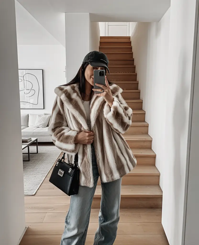 winter fashion inspo Faux Fur and Baseball Cap Contrast