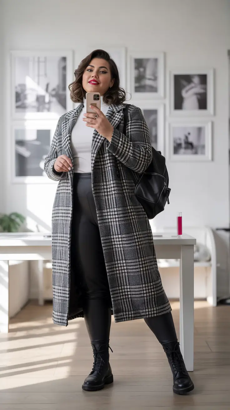 curvy winter outfits 2025 Checkered Coat Confidence