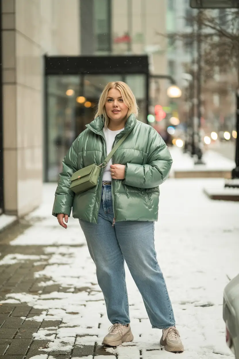 curvy winter outfits plus size 2025 Relaxed Puffer Jacket and Jeans Combo
