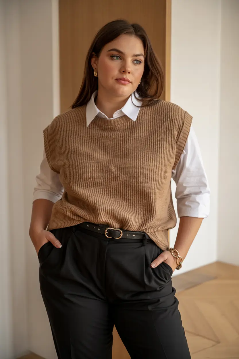 curvy winter outfits work clothes Preppy Vest Layering with Office Edge