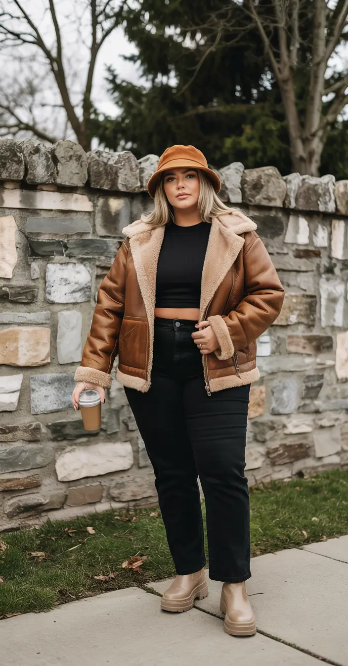 curvy winter outfits casual Cozy Shearling Jacket with Effortless Edge