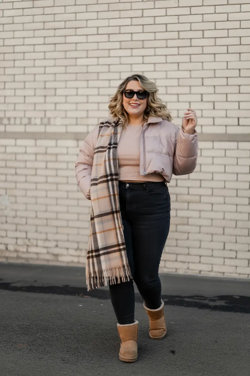 curvy winter outfits plus size casual Playful Neutrals with a Pop of Pink