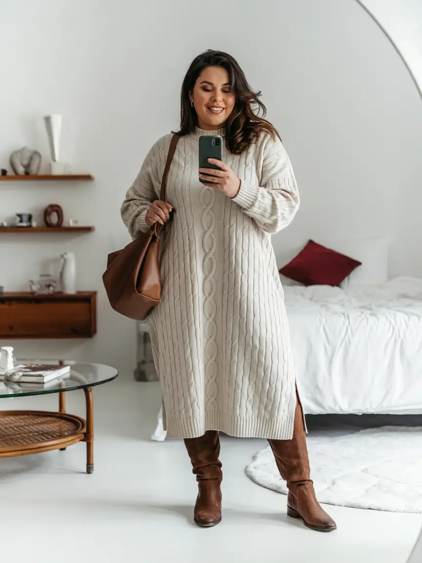 curvy winter outfits plus size 2025 Cozy Sweater Dress with Tall Boots