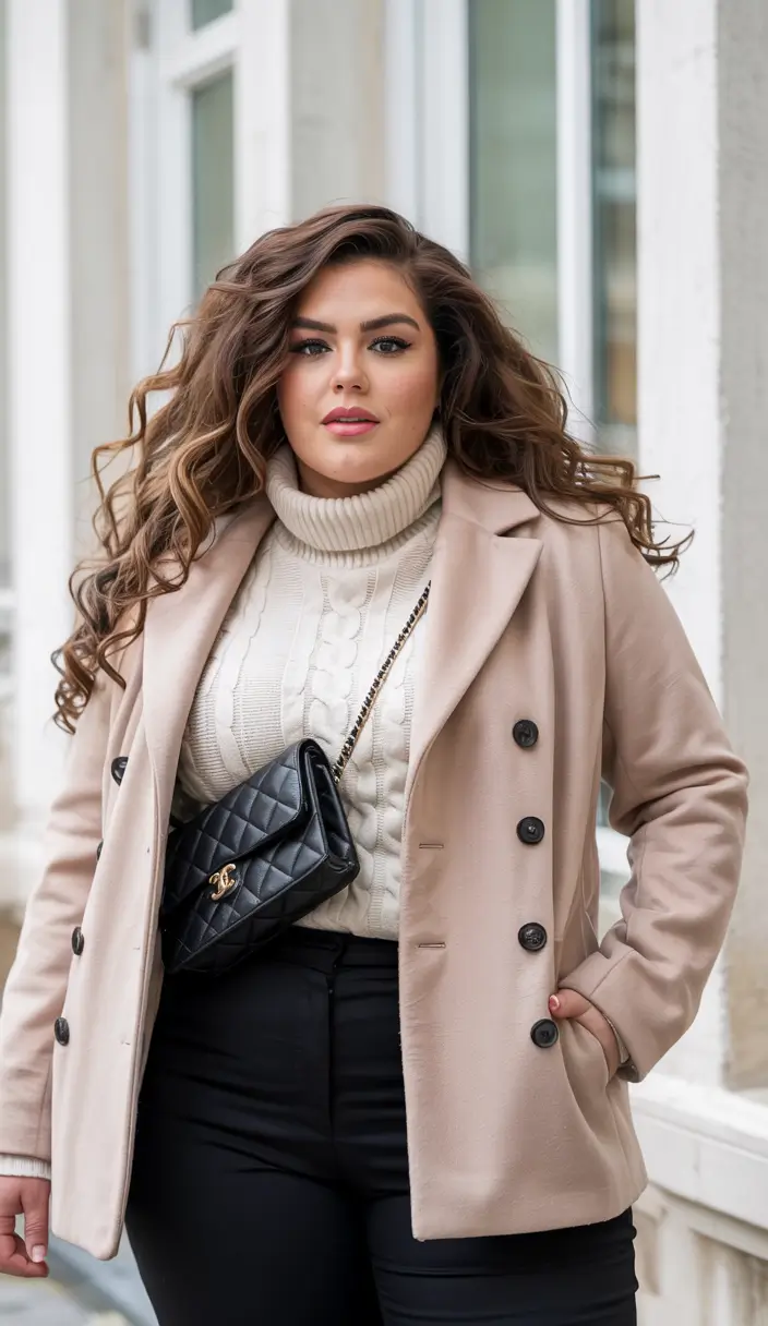 curvy winter outfits work clothes Polished Neutral Layers with Black Accents