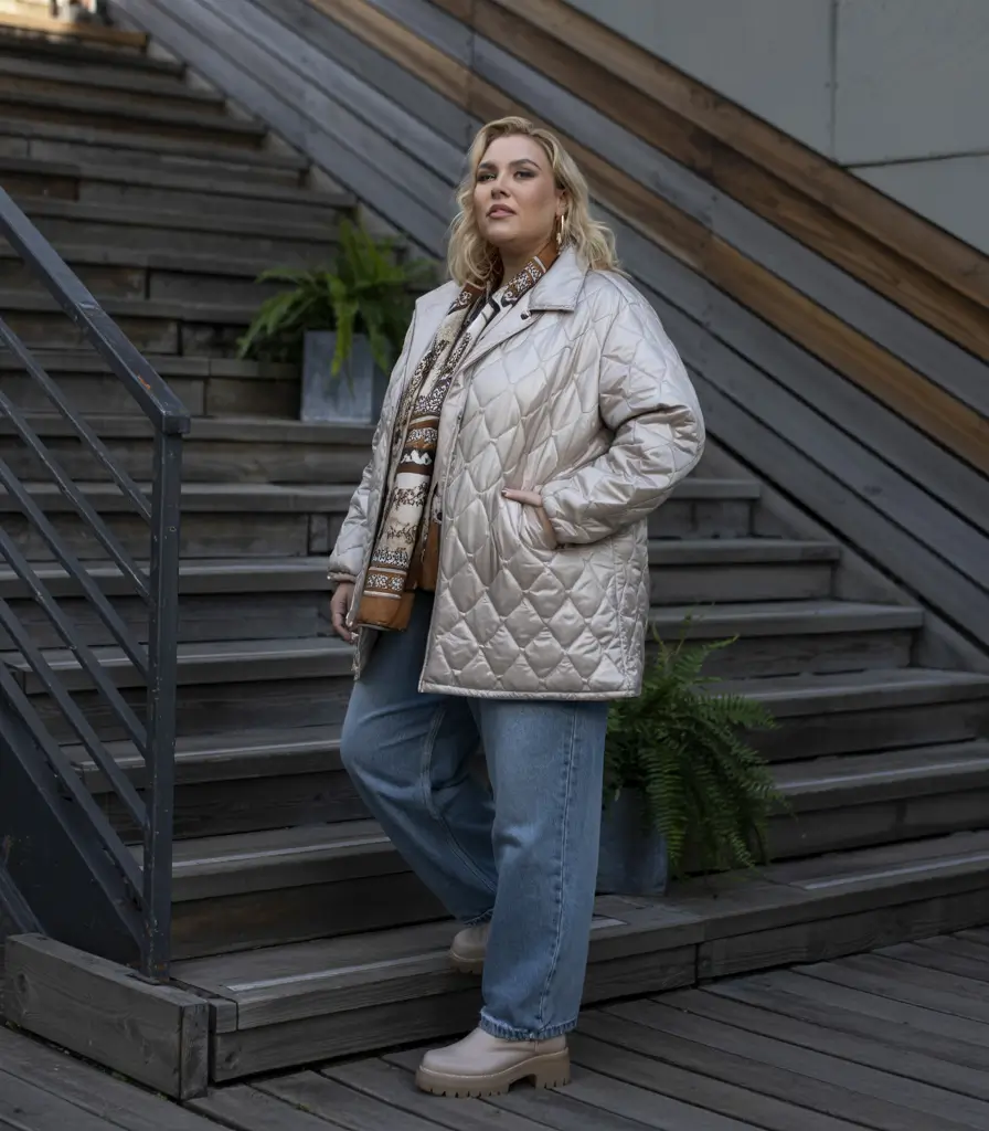 curvy winter outfits 2025 Shimmer Quilted Elegance