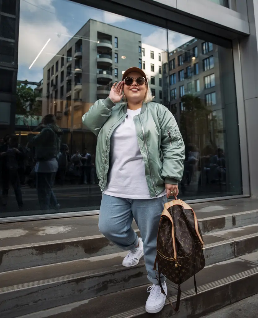 curvy winter outfits 2025 Sporty Bomber Confidence