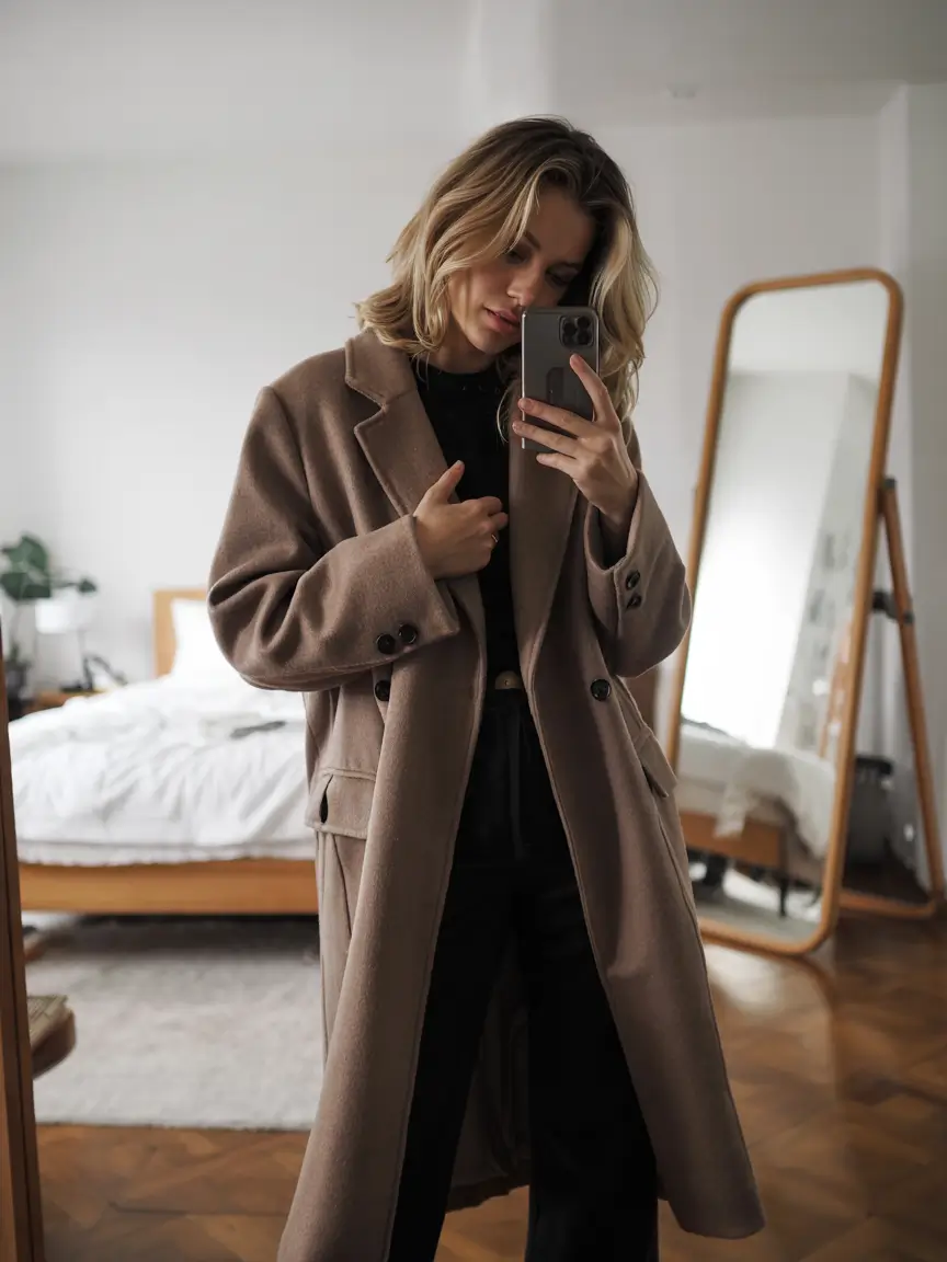 winter outfit inspo 2025 Mirror Selfie Minimalism in Camel