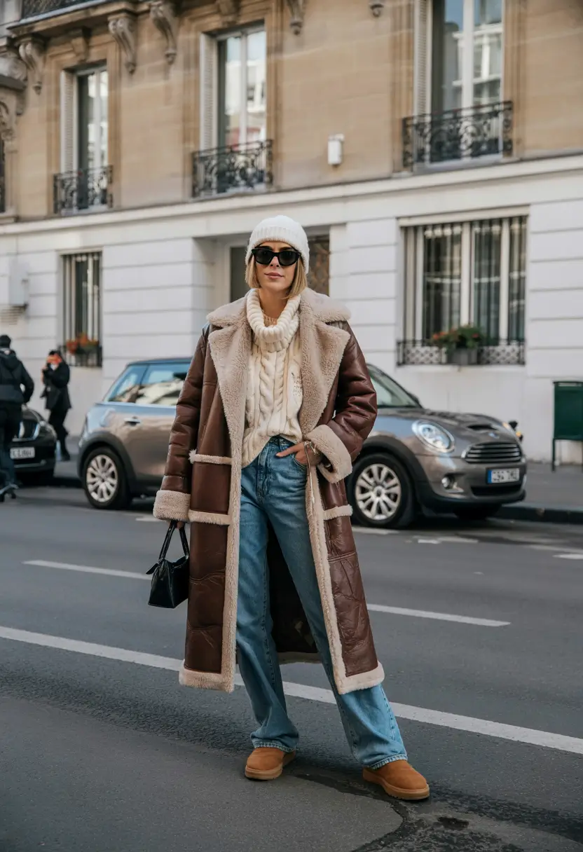 winter outfit inspo 2025 Shearling Layers with Retro Denim