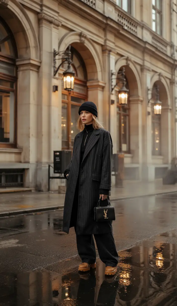 winter outfit inspo 2025 Pinstripe Drama in the Rain