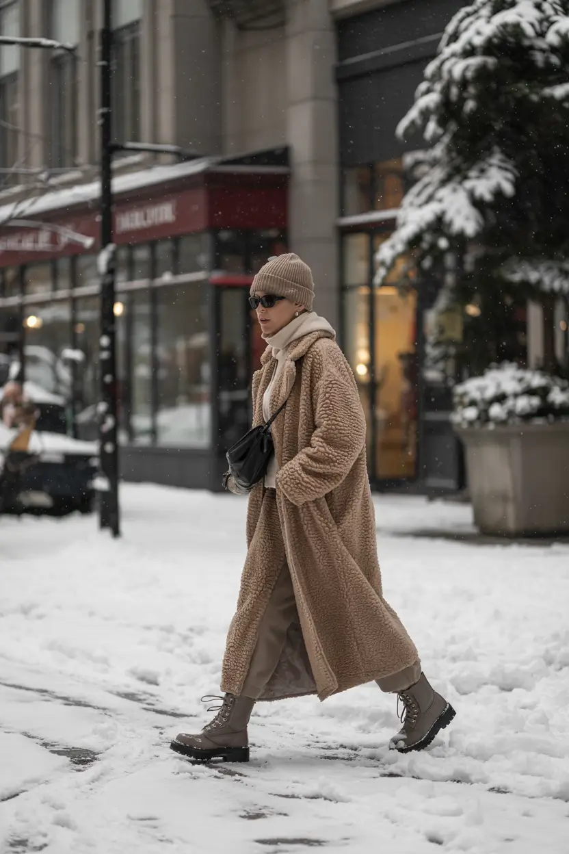 winter outfit inspo 2025 Teddy Texture Meets Snow Day Practicality