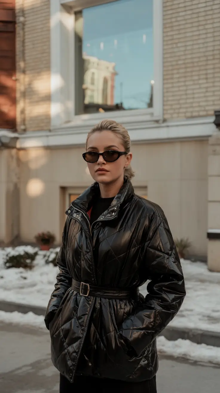 winter outfit inspo 2025 Glossy Black Quilted Confidence