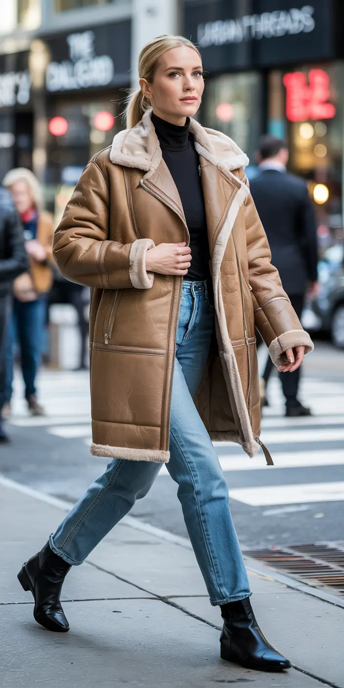 winter outfit inspo 2025 Classic Shearling with Denim Ease