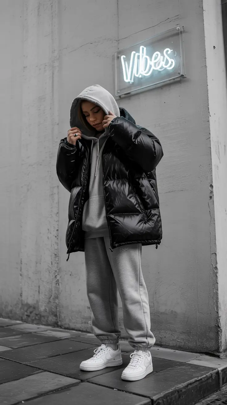 winter outfits inspiration aesthetic Street Style Energy in Puffer and Hoodie Layers