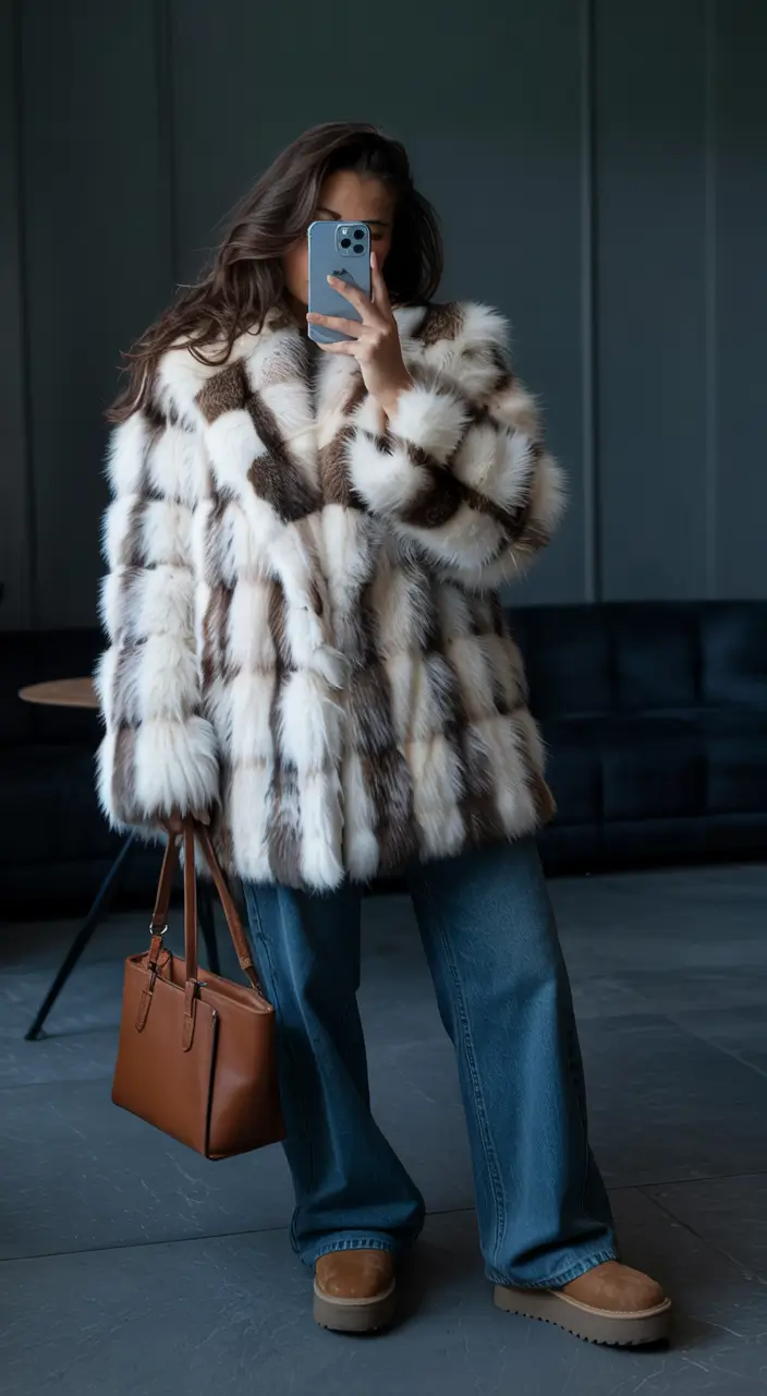 winter outfits inspiration old money Faux Fur Drama with Wide Denim