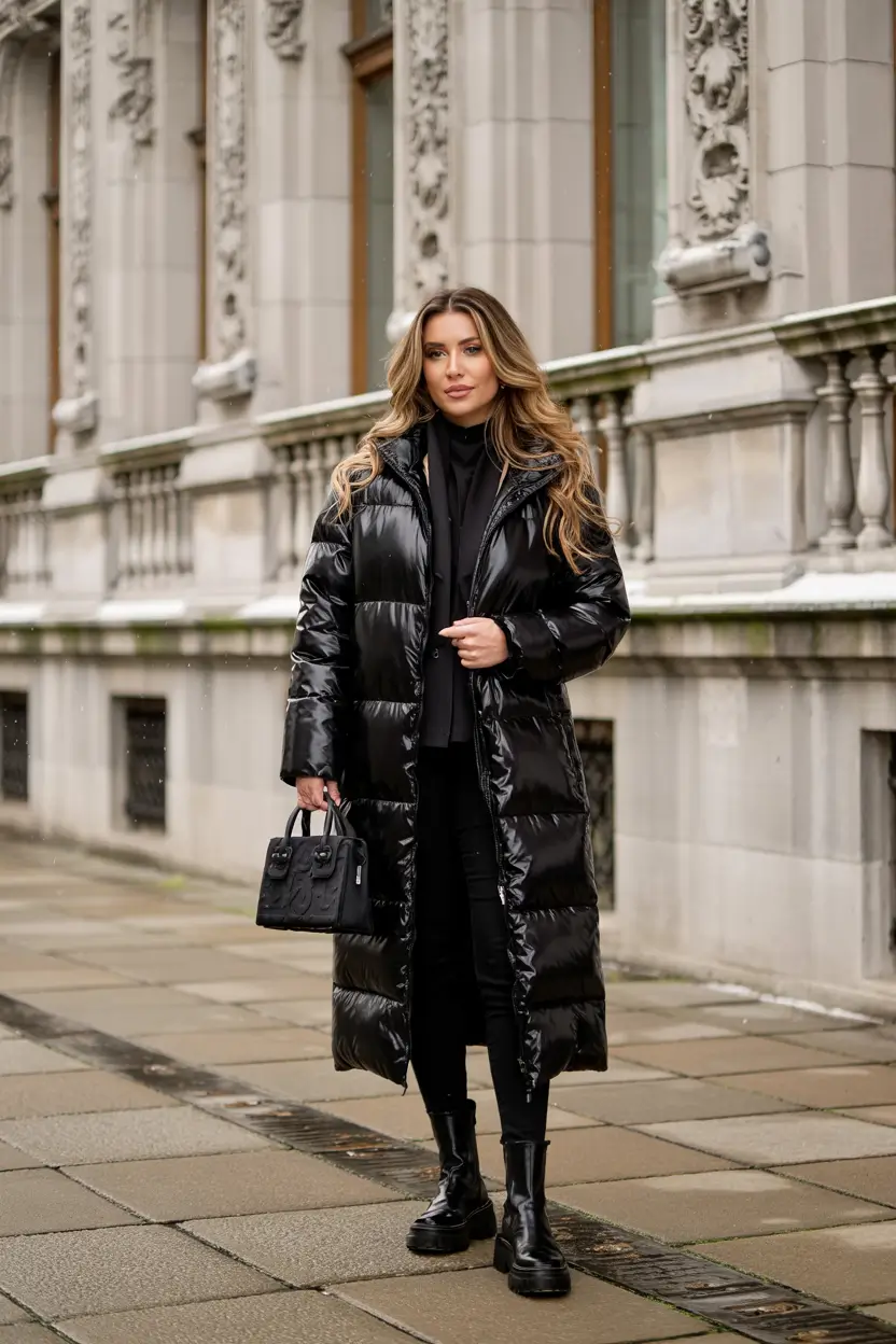 winter outfits inspiration women Monochrome Drama in Glossy Black