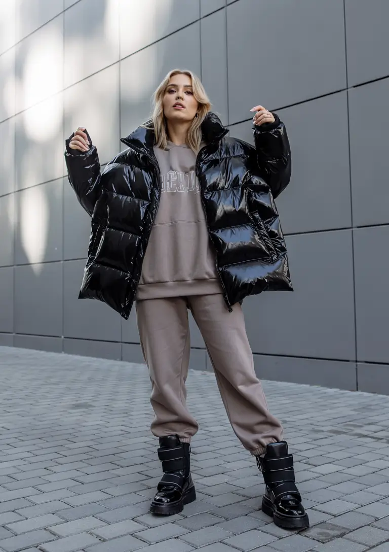 winter outfits inspiration 2025 Sporty Neutrals with a Glossy Twist